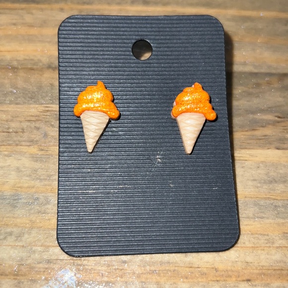 Cute orange and tan ice cream cone earrings, plastic, glittery, Nickle Free - Picture 3 of 4